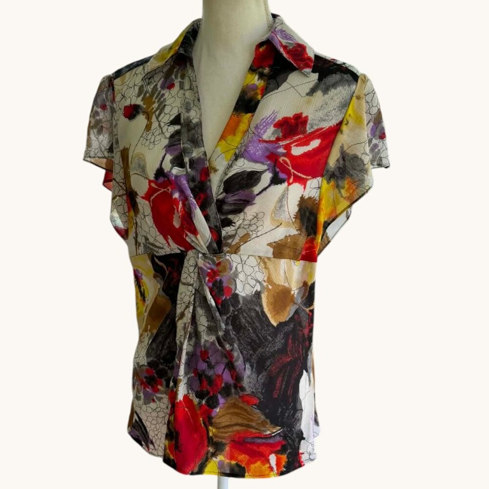 Ivy Chic Floral Watercolor Faux Wrap Short Sleeve Top
